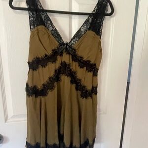 Urban Outfitters Olive Green and Black Lace 90s  Tiffany Slip Mini Dress Medium